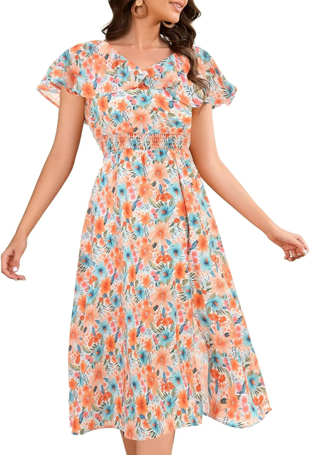 Bridesmay Womens Summer Floral Midi Dresses Ruffle Sleeve Beach Wedding Guest Dress V Neck Swing Flowy Dresses