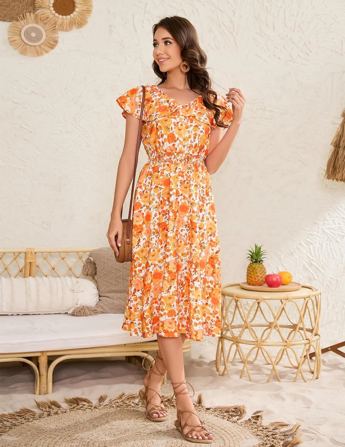 Bridesmay Womens Summer Floral Midi Dresses Ruffle Sleeve Beach Wedding Guest Dress V Neck Swing Flowy Dresses