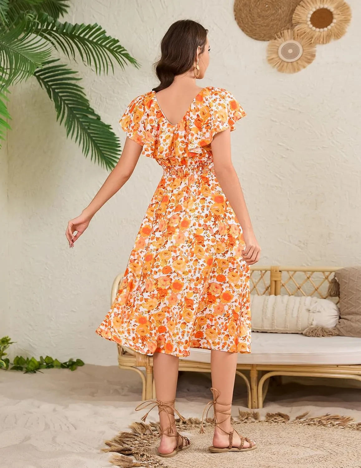 Bridesmay Womens Summer Floral Midi Dresses Ruffle Sleeve Beach Wedding Guest Dress V Neck Swing Flowy Dresses