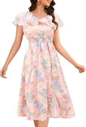Bridesmay Womens Summer Floral Midi Dresses Ruffle Sleeve Beach Wedding Guest Dress V Neck Swing Flowy Dresses