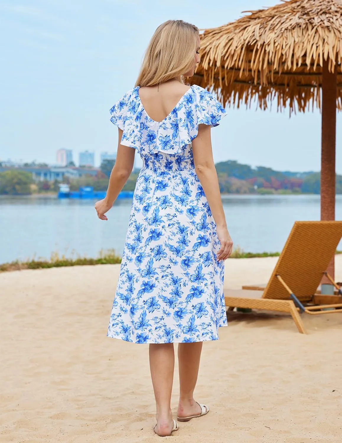 Bridesmay Womens Summer Floral Midi Dresses Ruffle Sleeve Beach Wedding Guest Dress V Neck Swing Flowy Dresses