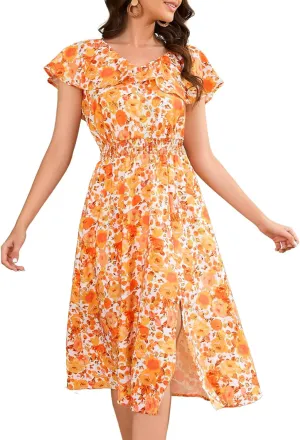 Bridesmay Womens Summer Floral Midi Dresses Ruffle Sleeve Beach Wedding Guest Dress V Neck Swing Flowy Dresses