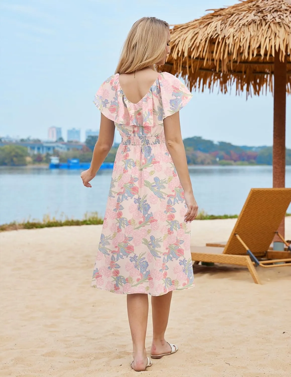 Bridesmay Womens Summer Floral Midi Dresses Ruffle Sleeve Beach Wedding Guest Dress V Neck Swing Flowy Dresses