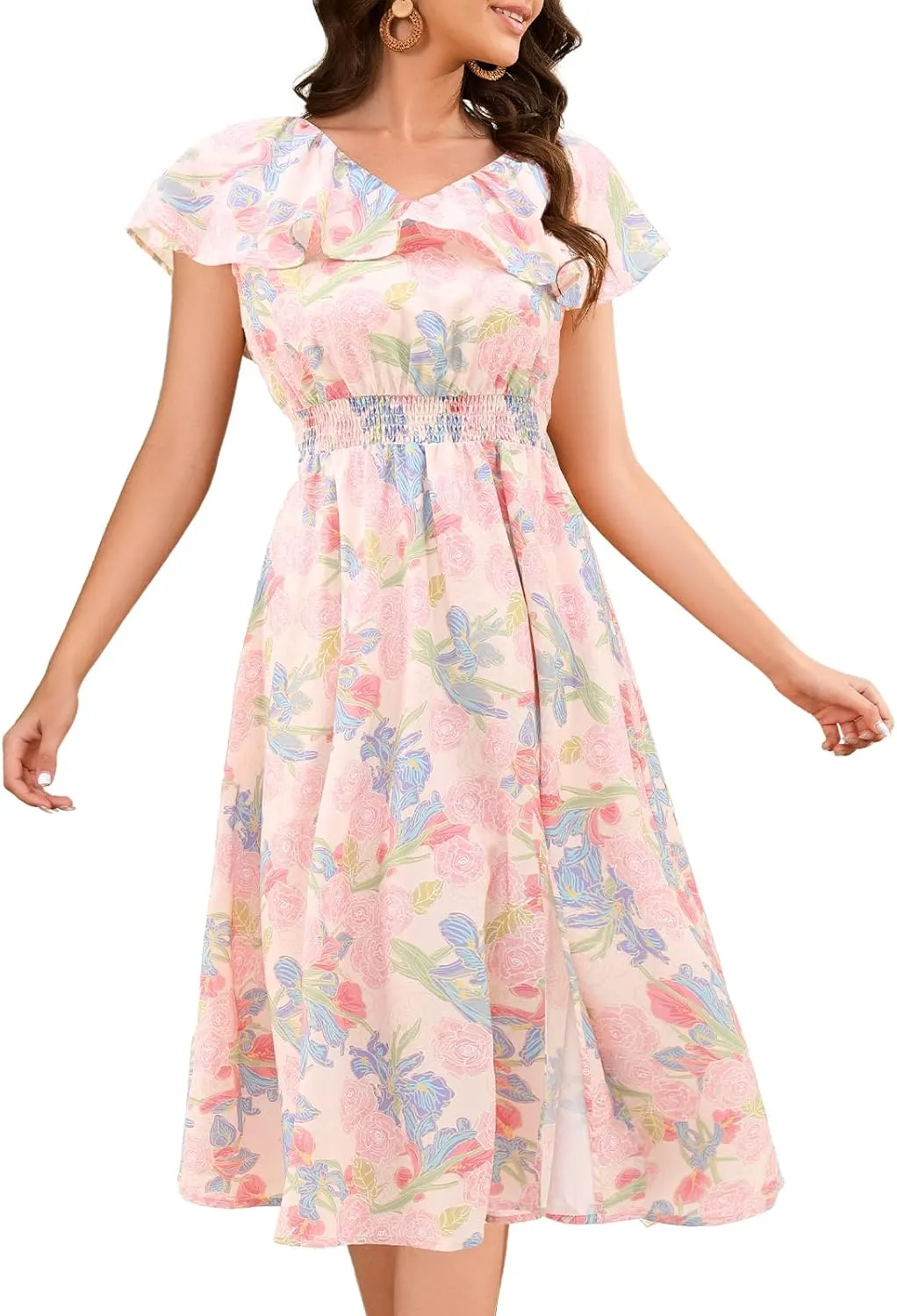 Bridesmay Womens Summer Floral Midi Dresses Ruffle Sleeve Beach Wedding Guest Dress V Neck Swing Flowy Dresses