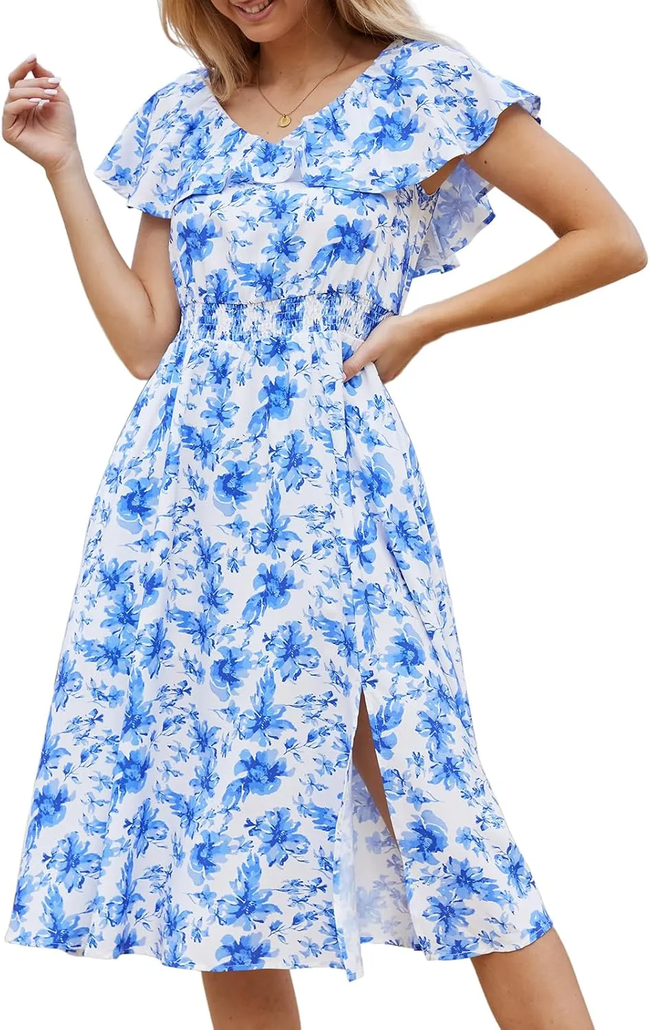 Bridesmay Womens Summer Floral Midi Dresses Ruffle Sleeve Beach Wedding Guest Dress V Neck Swing Flowy Dresses