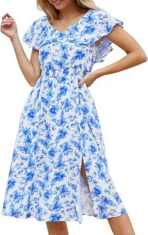 Bridesmay Womens Summer Floral Midi Dresses Ruffle Sleeve Beach Wedding Guest Dress V Neck Swing Flowy Dresses