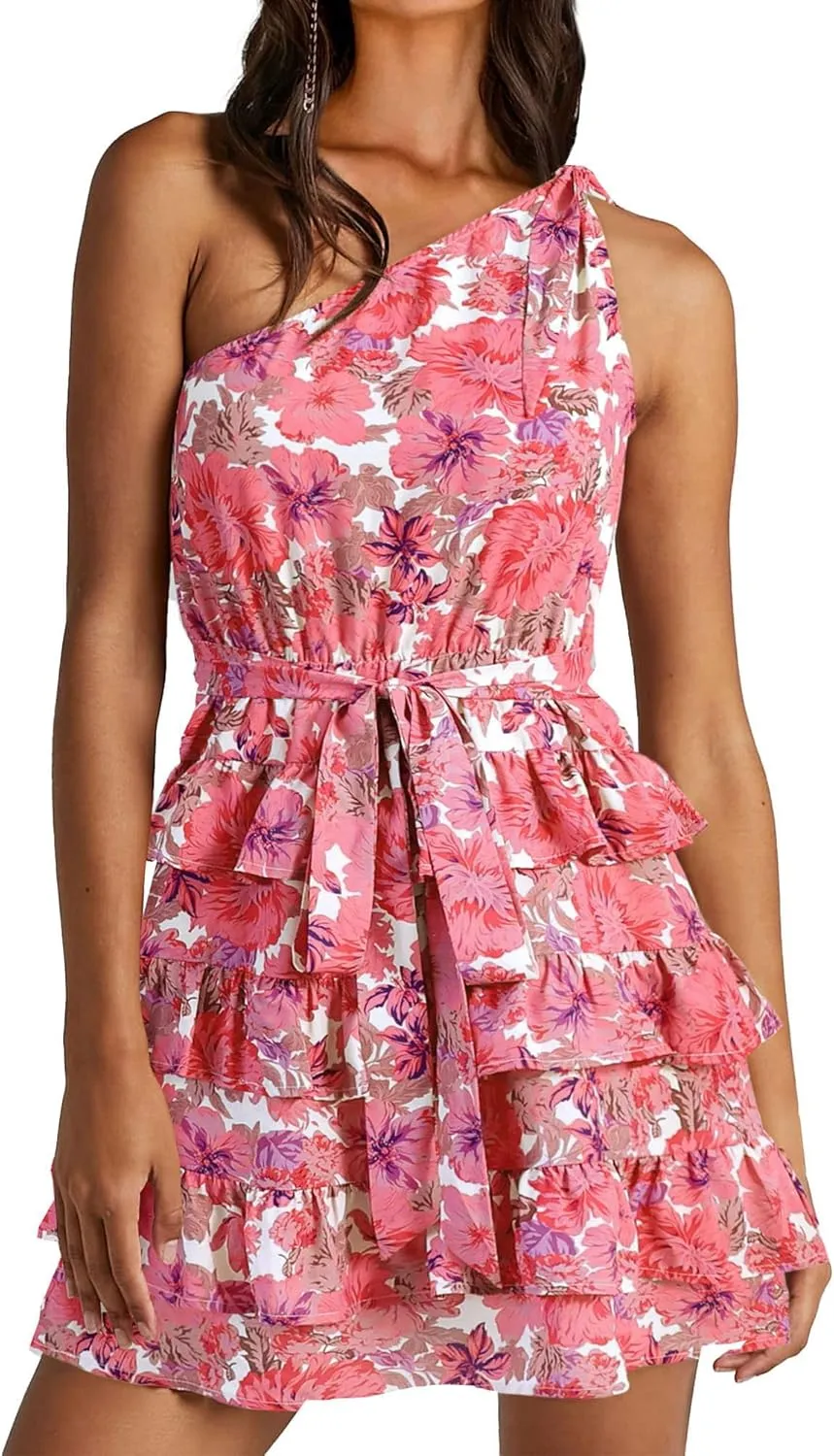 BTFBM Women One Shoulder Summer Dresses 2025 Floral Sundress High Waist Flowy A Line Mini Beach Wedding Guest Dress
