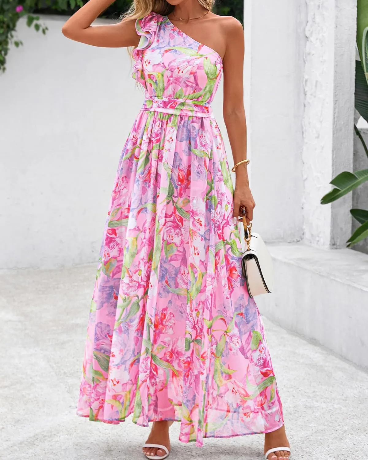 BTFBM Women Summer One Shoulder Floral Wedding Guest Dresses Sleeveless Smocked Ruffle Flowy Beach Vacation Maxi Dress