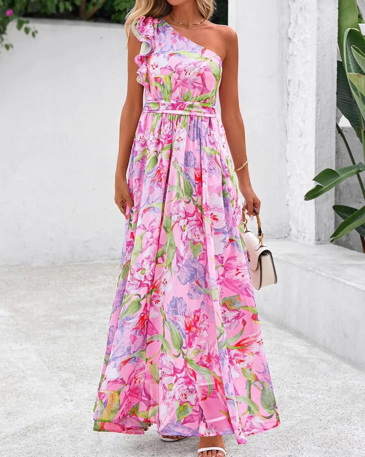 BTFBM Women Summer One Shoulder Floral Wedding Guest Dresses Sleeveless Smocked Ruffle Flowy Beach Vacation Maxi Dress