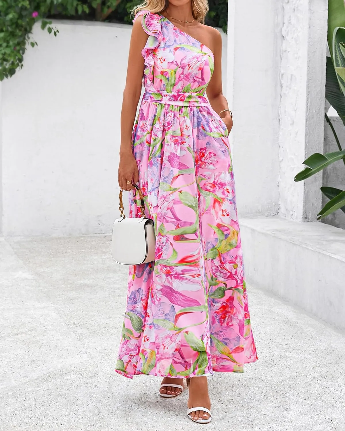 BTFBM Women Summer One Shoulder Floral Wedding Guest Dresses Sleeveless Smocked Ruffle Flowy Beach Vacation Maxi Dress