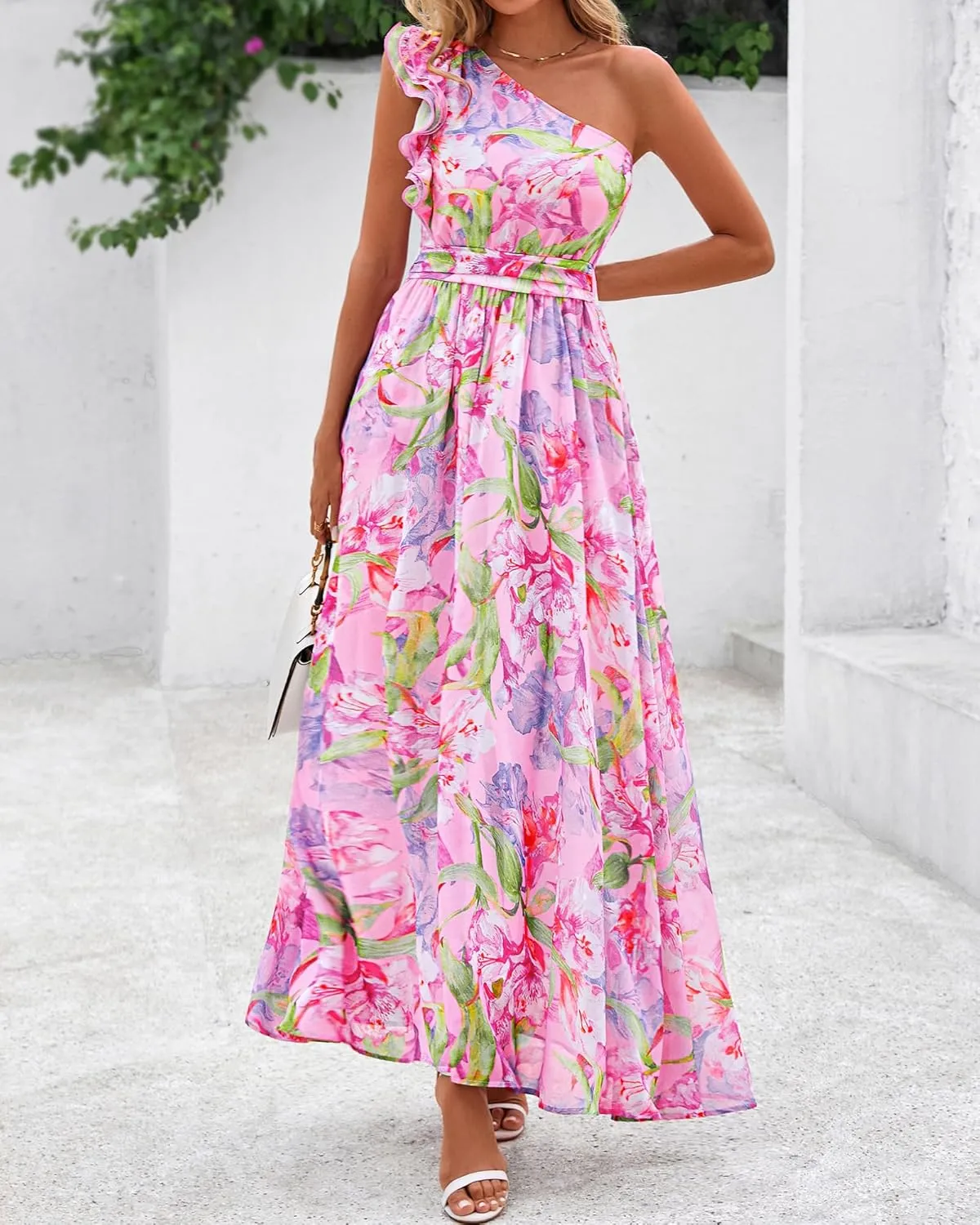 BTFBM Women Summer One Shoulder Floral Wedding Guest Dresses Sleeveless Smocked Ruffle Flowy Beach Vacation Maxi Dress