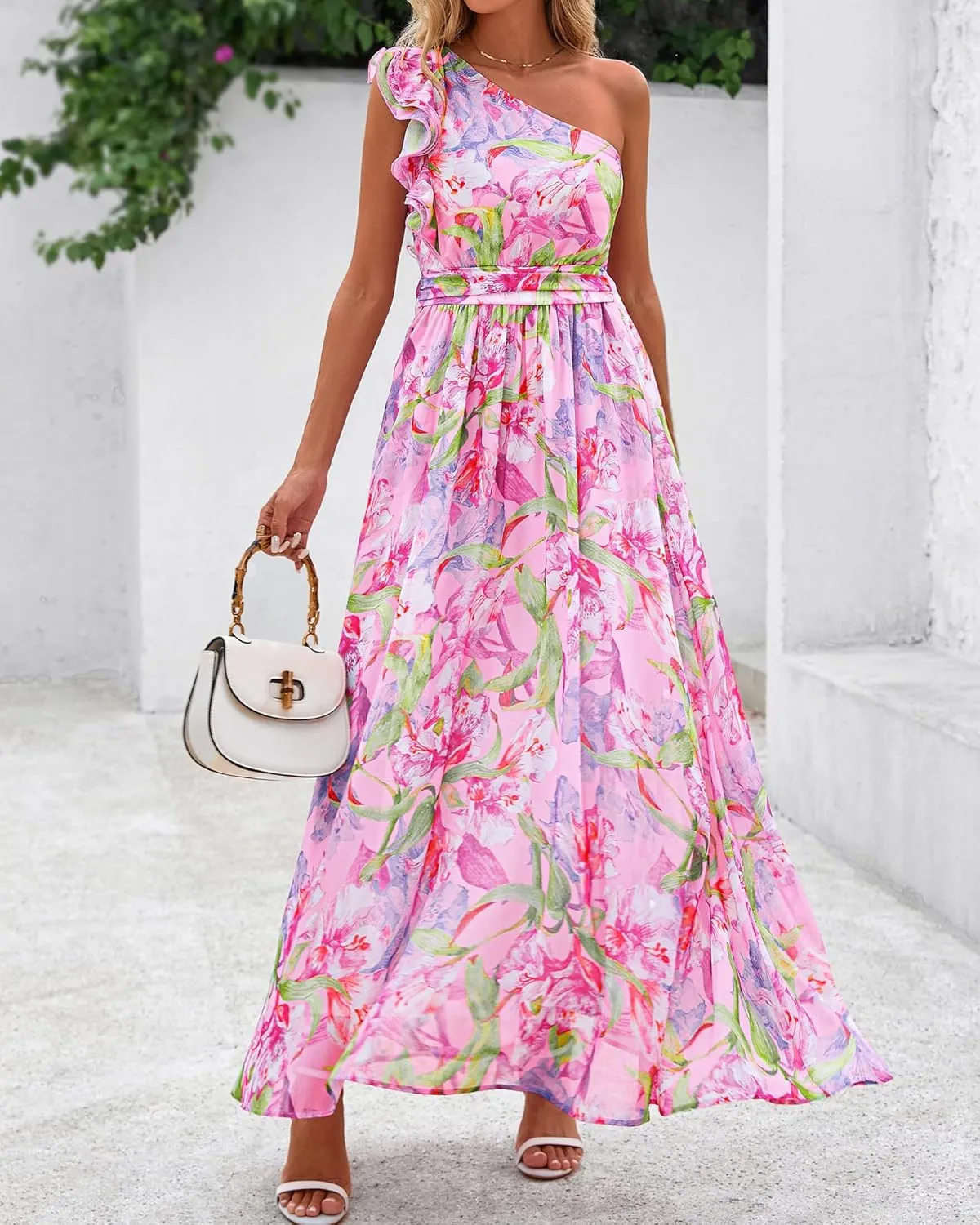 BTFBM Women Summer One Shoulder Floral Wedding Guest Dresses Sleeveless Smocked Ruffle Flowy Beach Vacation Maxi Dress