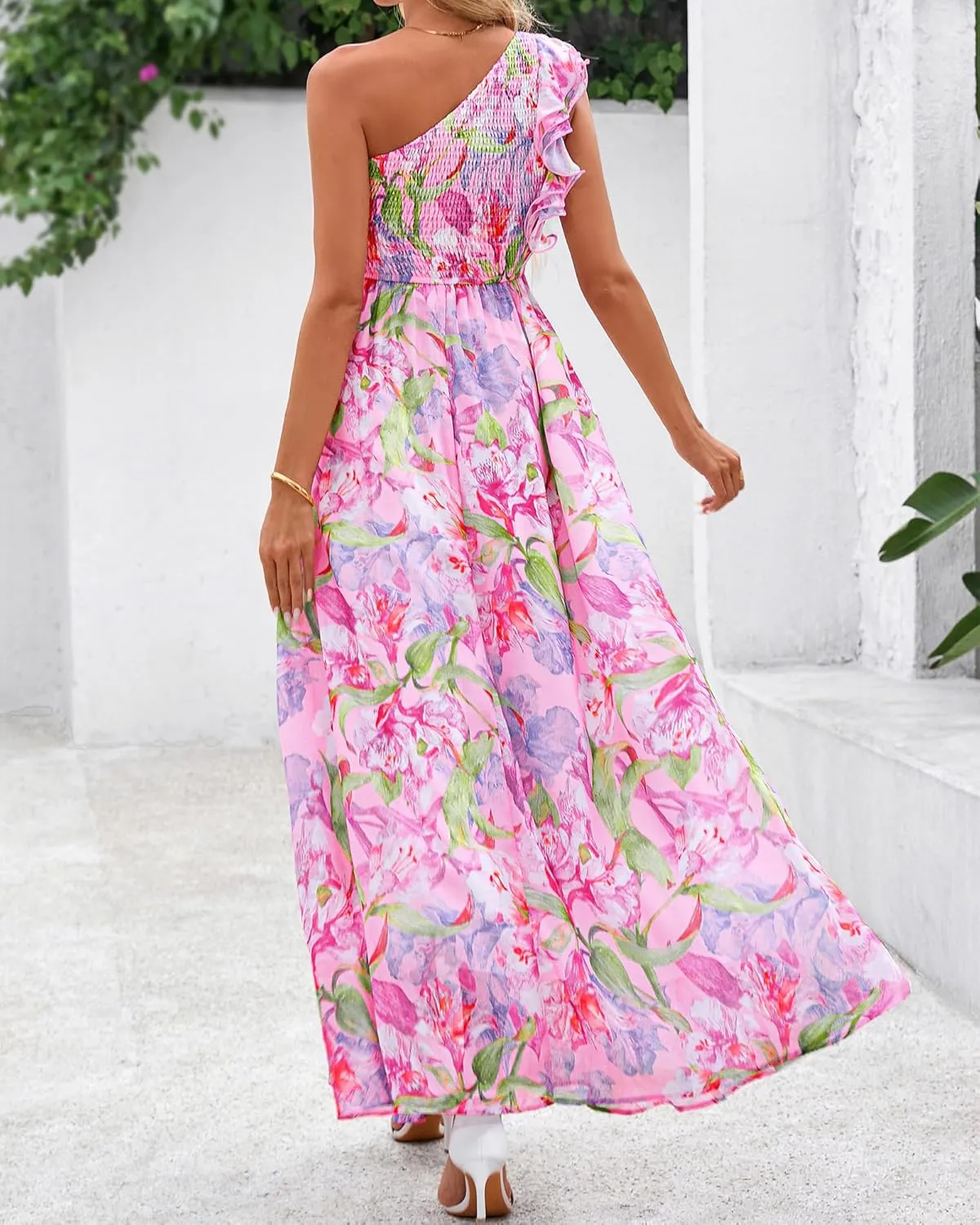 BTFBM Women Summer One Shoulder Floral Wedding Guest Dresses Sleeveless Smocked Ruffle Flowy Beach Vacation Maxi Dress