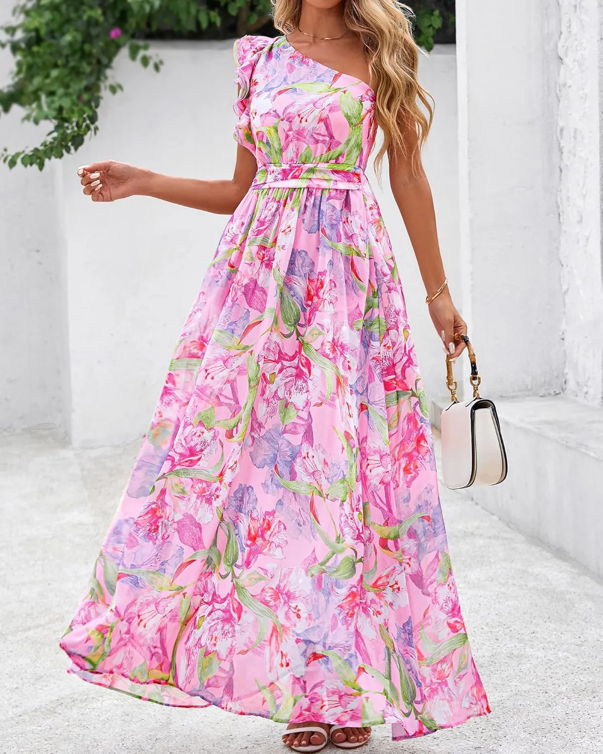 BTFBM Women Summer One Shoulder Floral Wedding Guest Dresses Sleeveless Smocked Ruffle Flowy Beach Vacation Maxi Dress