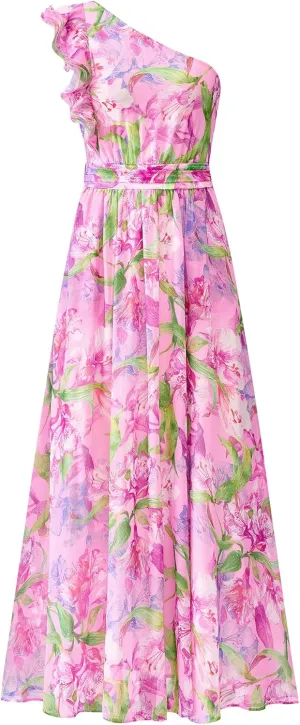 BTFBM Women Summer One Shoulder Floral Wedding Guest Dresses Sleeveless Smocked Ruffle Flowy Beach Vacation Maxi Dress