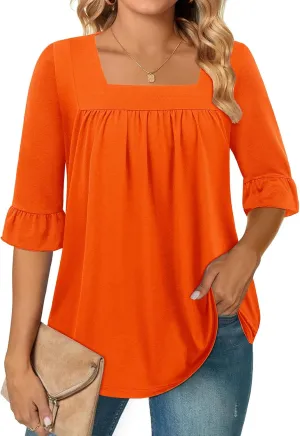 Bulotus 3/4 Ruffle Sleeve Tops for Women Square Neck Loose Fit Tunic Tops Dressy Casual