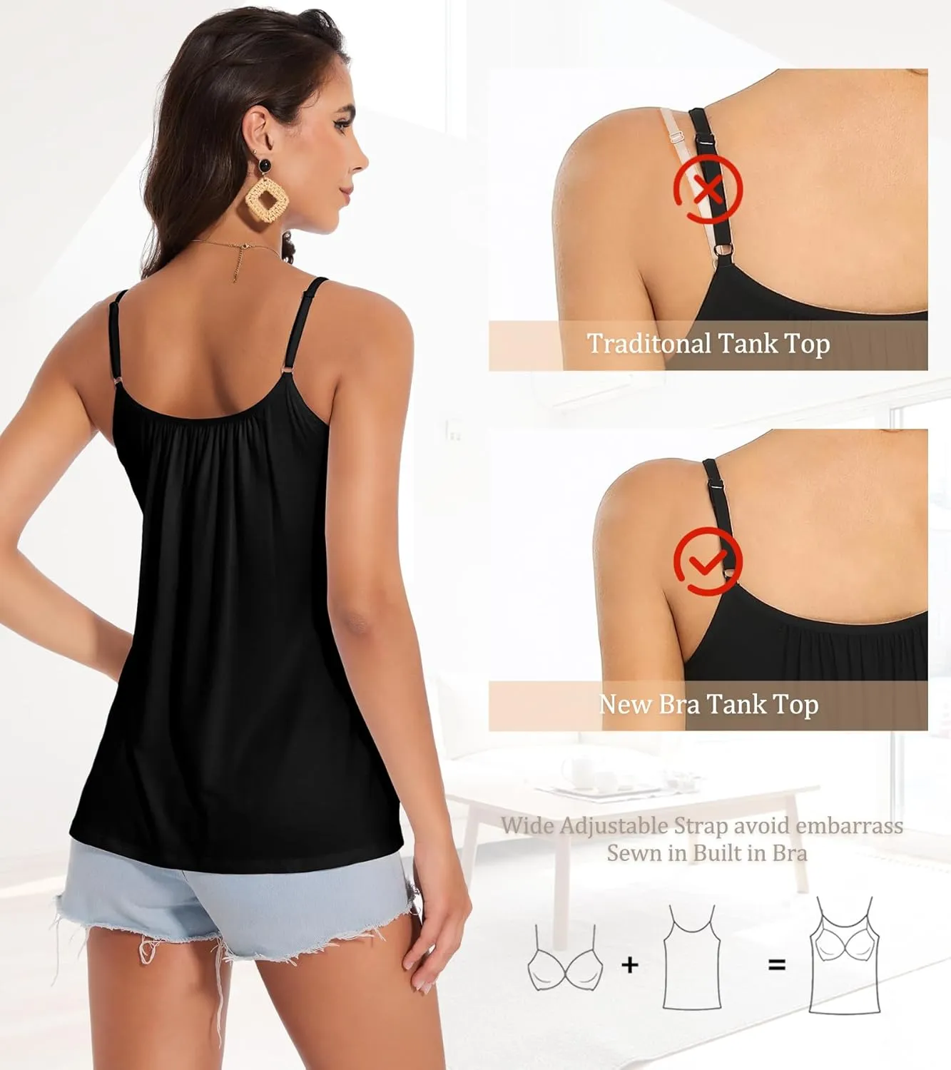 Camisoles for Women with Built in Bra Adjustable Strap Tank Tops Cami Sleeveless Summer Tops for Workout Sleeping Traveling