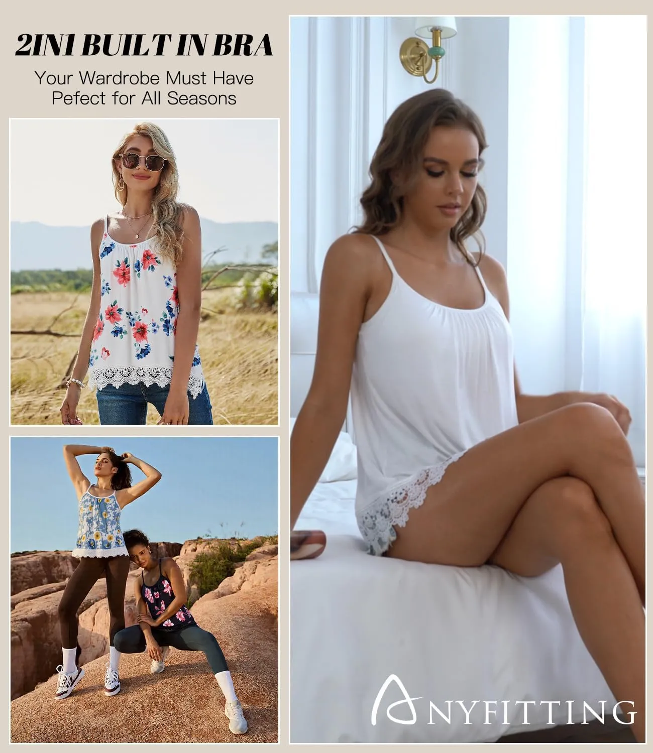 Camisoles for Women with Built in Bra Adjustable Strap Tank Tops Cami Sleeveless Summer Tops for Workout Sleeping Traveling