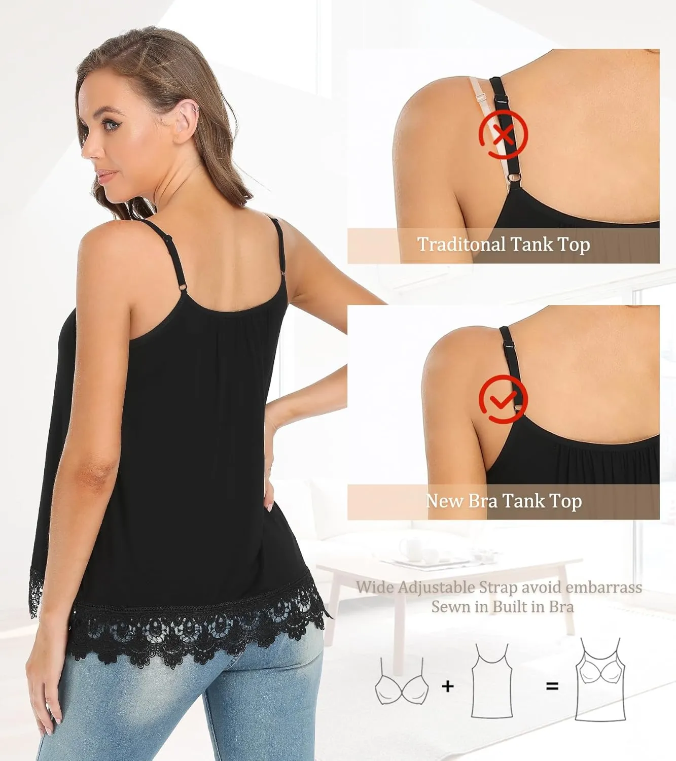 Camisoles for Women with Built in Bra Adjustable Strap Tank Tops Cami Sleeveless Summer Tops for Workout Sleeping Traveling