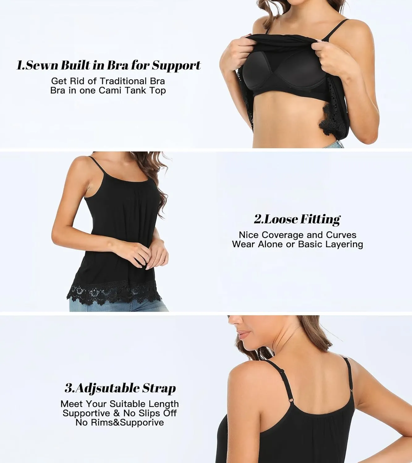 Camisoles for Women with Built in Bra Adjustable Strap Tank Tops Cami Sleeveless Summer Tops for Workout Sleeping Traveling