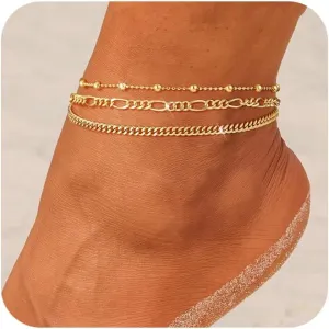 CAROVO Gold Ankle Bracelets for Women 14K Real Gold Plated Layered Anklet Waterproof Set Snake Sparkly Cuban Link Figaro Bead Paperclip Butterfly Chain Stackable Anklets Set Beach Jewelry for Women