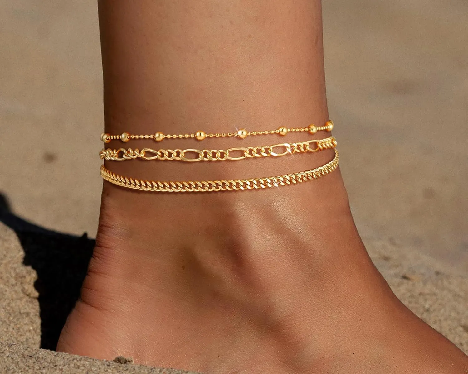 CAROVO Gold Ankle Bracelets for Women 14K Real Gold Plated Layered Anklet Waterproof Set Snake Sparkly Cuban Link Figaro Bead Paperclip Butterfly Chain Stackable Anklets Set Beach Jewelry for Women