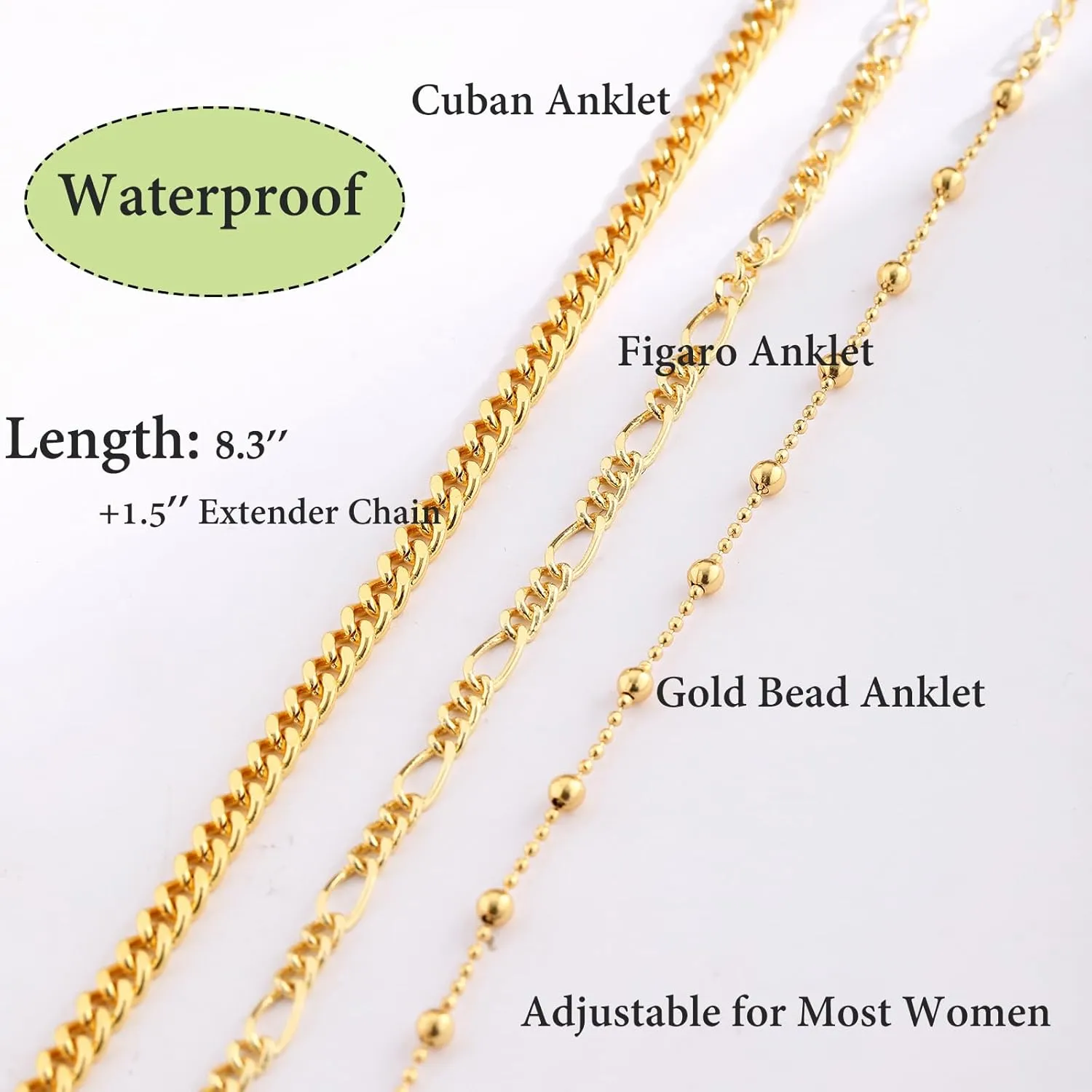CAROVO Gold Ankle Bracelets for Women 14K Real Gold Plated Layered Anklet Waterproof Set Snake Sparkly Cuban Link Figaro Bead Paperclip Butterfly Chain Stackable Anklets Set Beach Jewelry for Women