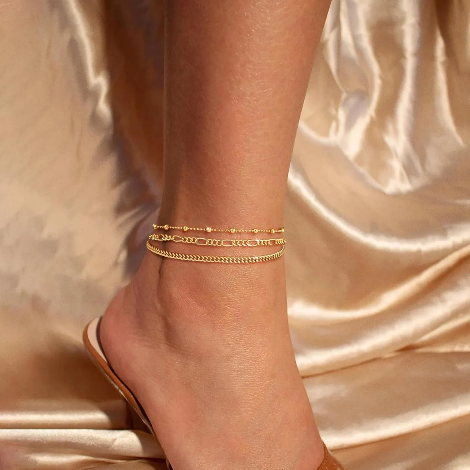 CAROVO Gold Ankle Bracelets for Women 14K Real Gold Plated Layered Anklet Waterproof Set Snake Sparkly Cuban Link Figaro Bead Paperclip Butterfly Chain Stackable Anklets Set Beach Jewelry for Women
