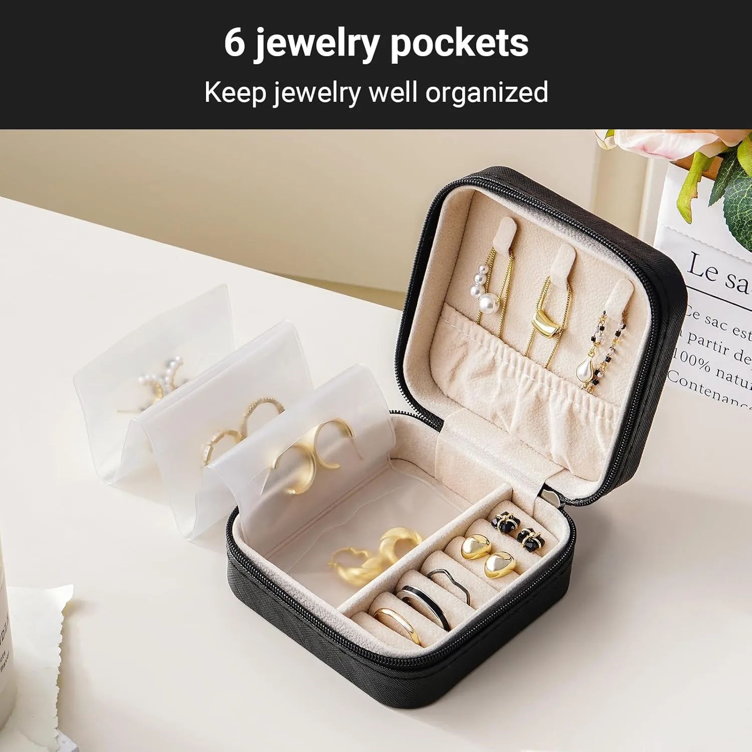 CASEGRACE Travel Jewelry Organizer Portable Small Jewelry Box Foldable Clear Pockets for Necklace Rings Bracelet Earrings Holder Organizer for Women, Black
