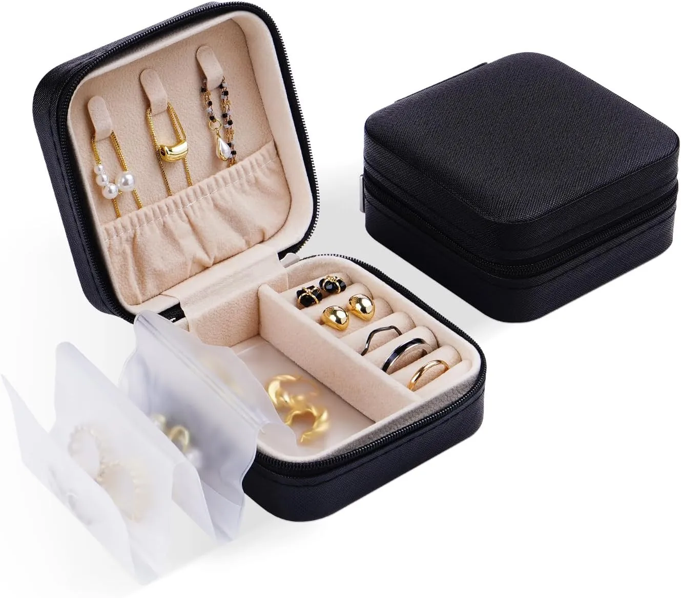 CASEGRACE Travel Jewelry Organizer Portable Small Jewelry Box Foldable Clear Pockets for Necklace Rings Bracelet Earrings Holder Organizer for Women, Black