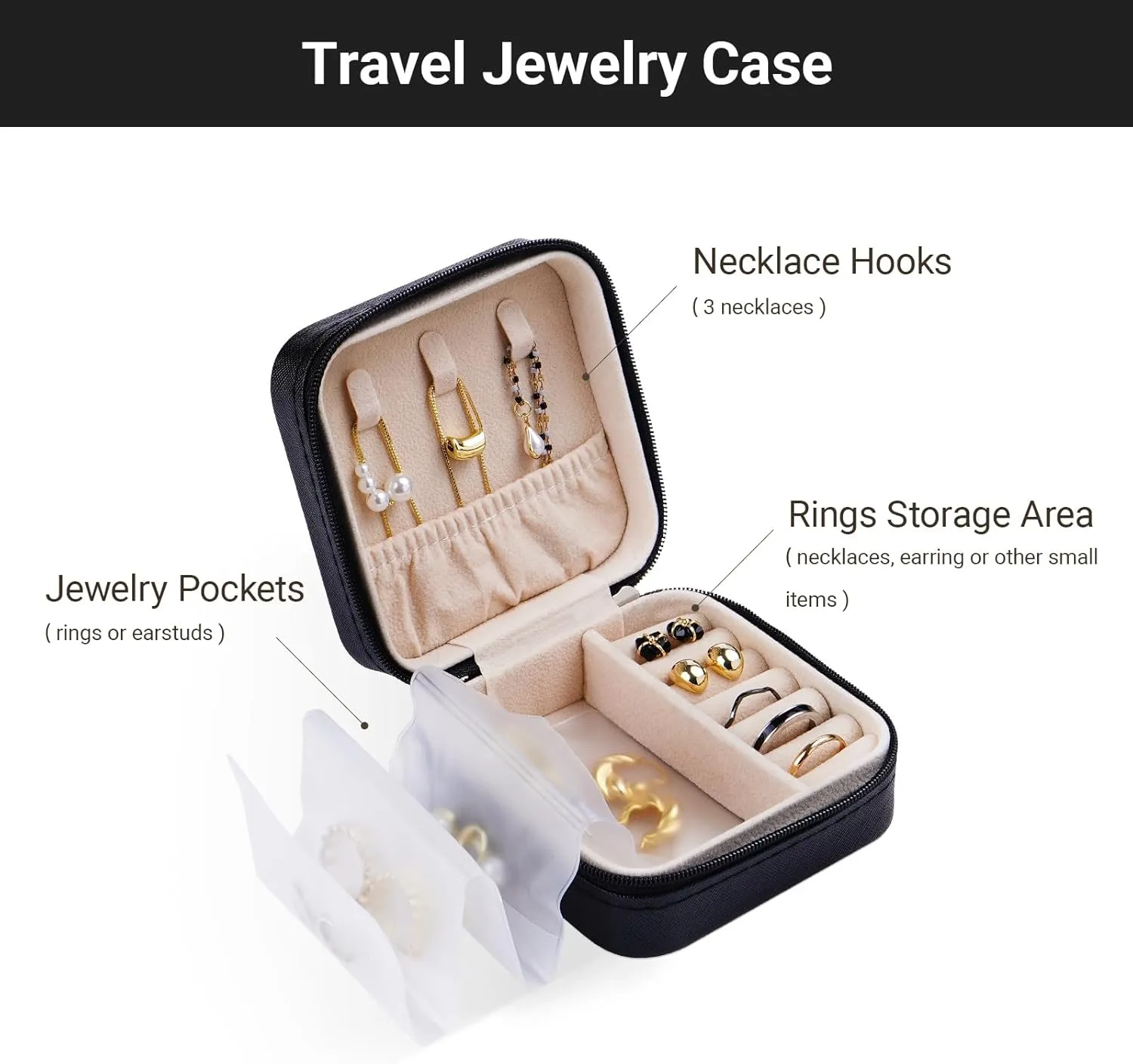 CASEGRACE Travel Jewelry Organizer Portable Small Jewelry Box Foldable Clear Pockets for Necklace Rings Bracelet Earrings Holder Organizer for Women, Black