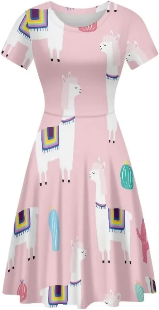 Casual Summer Beach Dresses for Women Short Sleeve Crew Neck Flowy Swing Elegant A-Line Dress