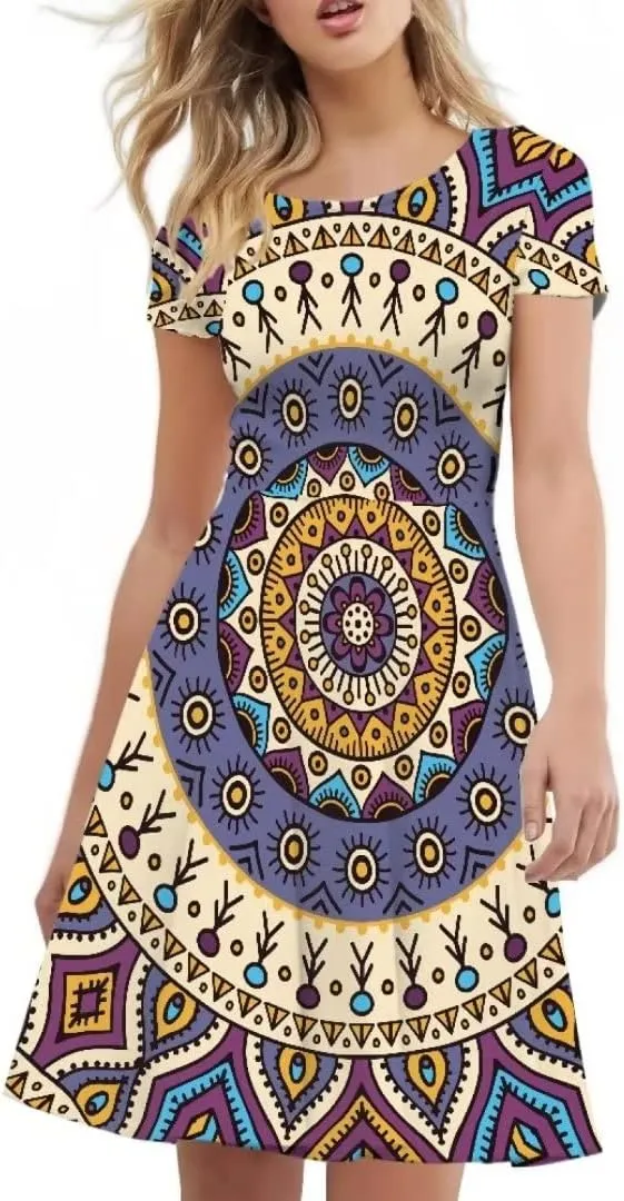 Casual Summer Beach Dresses for Women Short Sleeve Crew Neck Flowy Swing Elegant A-Line Dress