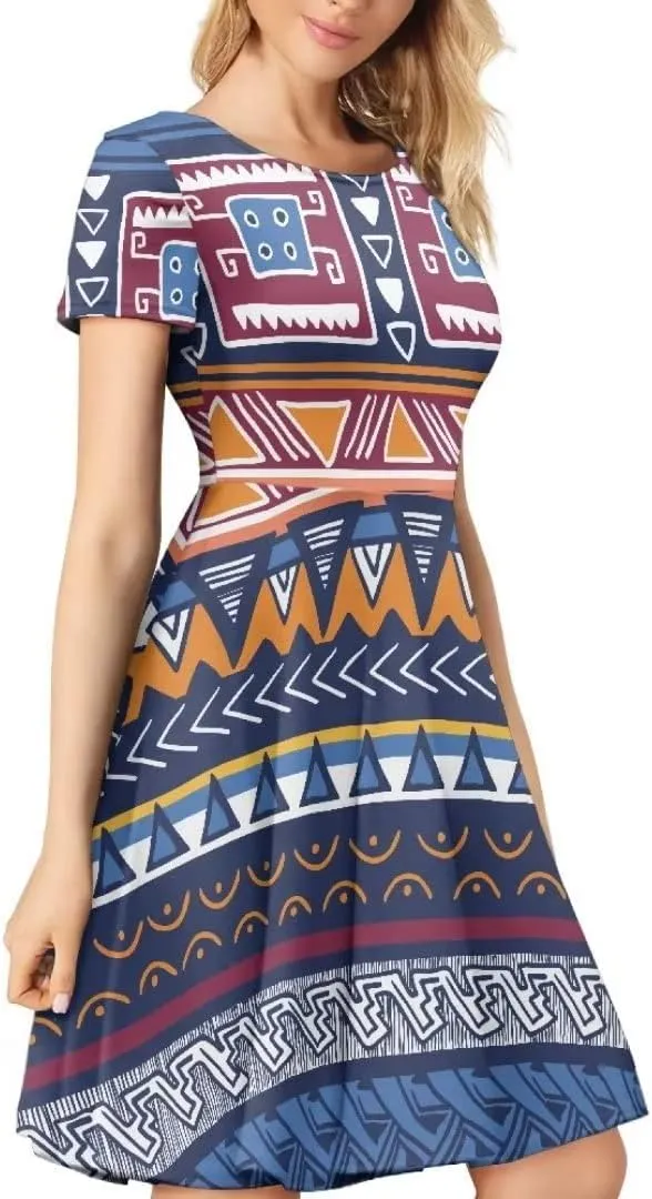 Casual Summer Beach Dresses for Women Short Sleeve Crew Neck Flowy Swing Elegant A-Line Dress