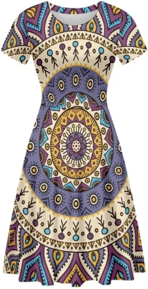 Casual Summer Beach Dresses for Women Short Sleeve Crew Neck Flowy Swing Elegant A-Line Dress