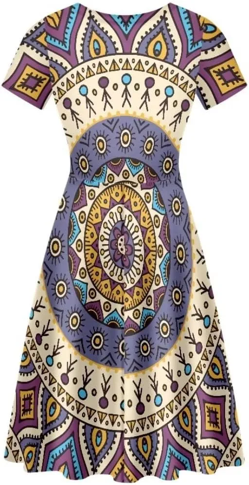 Casual Summer Beach Dresses for Women Short Sleeve Crew Neck Flowy Swing Elegant A-Line Dress