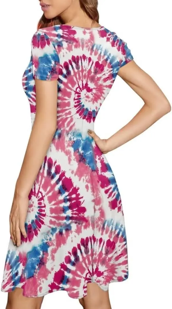 Casual Summer Beach Dresses for Women Short Sleeve Crew Neck Flowy Swing Elegant A-Line Dress