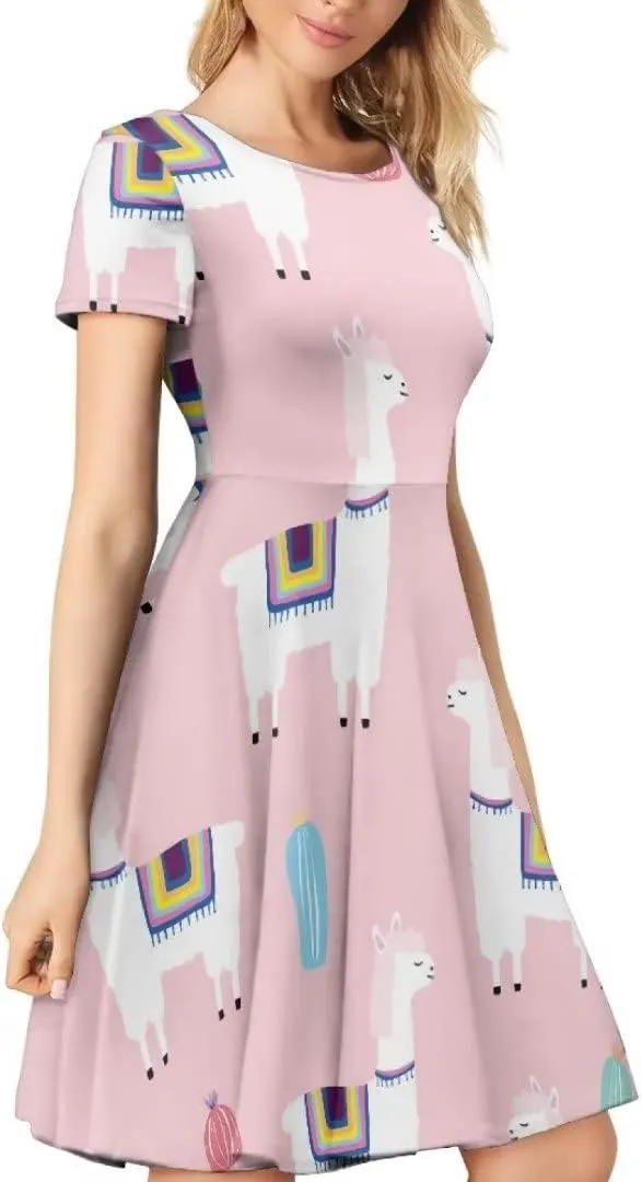 Casual Summer Beach Dresses for Women Short Sleeve Crew Neck Flowy Swing Elegant A-Line Dress