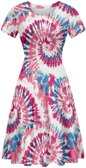 Casual Summer Beach Dresses for Women Short Sleeve Crew Neck Flowy Swing Elegant A-Line Dress
