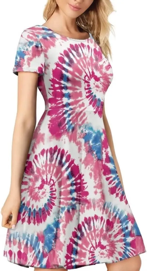 Casual Summer Beach Dresses for Women Short Sleeve Crew Neck Flowy Swing Elegant A-Line Dress