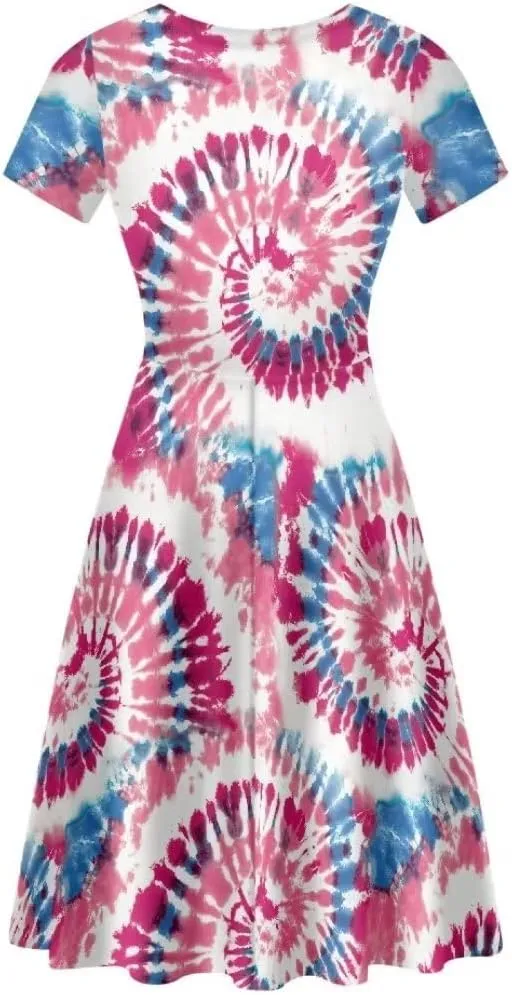 Casual Summer Beach Dresses for Women Short Sleeve Crew Neck Flowy Swing Elegant A-Line Dress