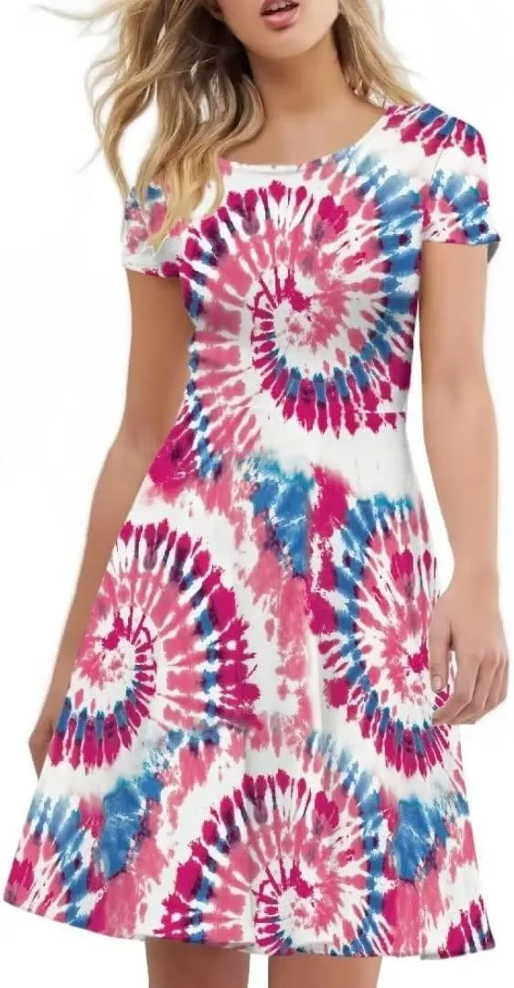Casual Summer Beach Dresses for Women Short Sleeve Crew Neck Flowy Swing Elegant A-Line Dress