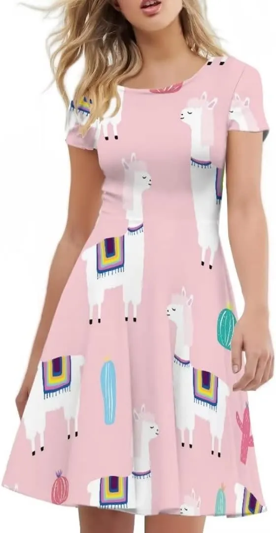 Casual Summer Beach Dresses for Women Short Sleeve Crew Neck Flowy Swing Elegant A-Line Dress