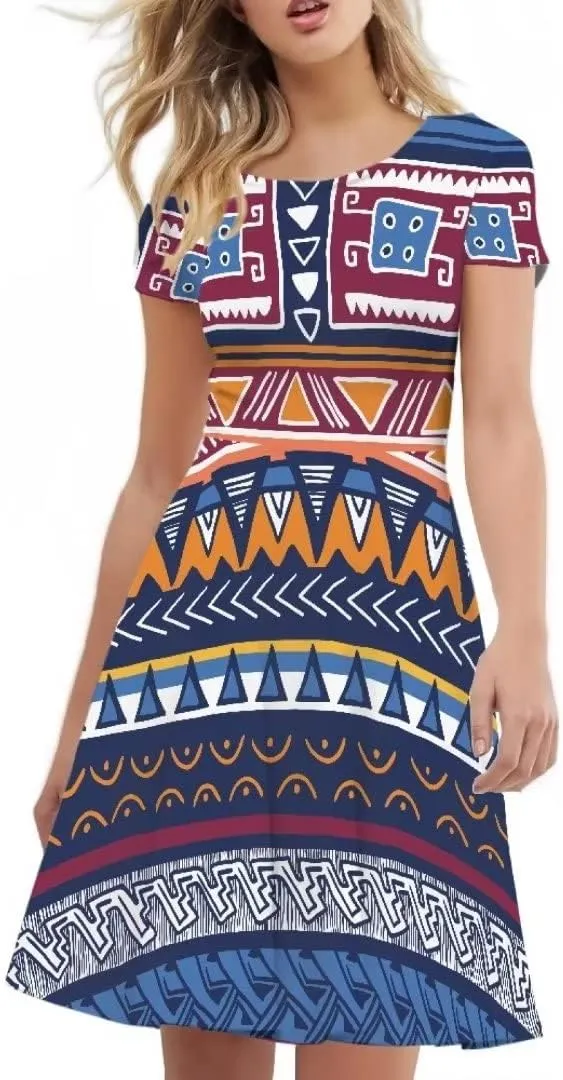 Casual Summer Beach Dresses for Women Short Sleeve Crew Neck Flowy Swing Elegant A-Line Dress