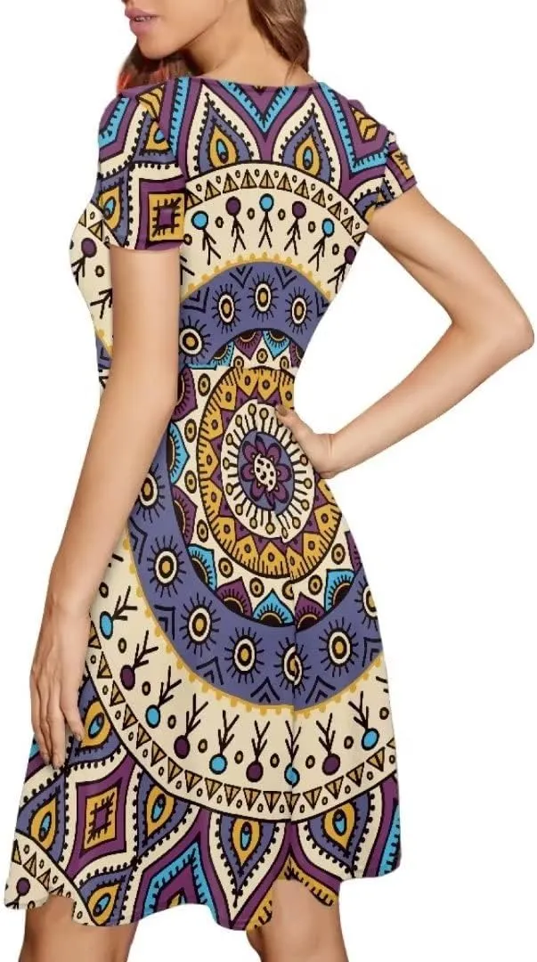 Casual Summer Beach Dresses for Women Short Sleeve Crew Neck Flowy Swing Elegant A-Line Dress