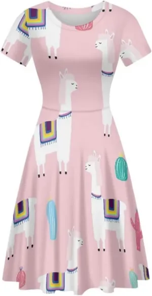 Casual Summer Beach Dresses for Women Short Sleeve Crew Neck Flowy Swing Elegant A-Line Dress