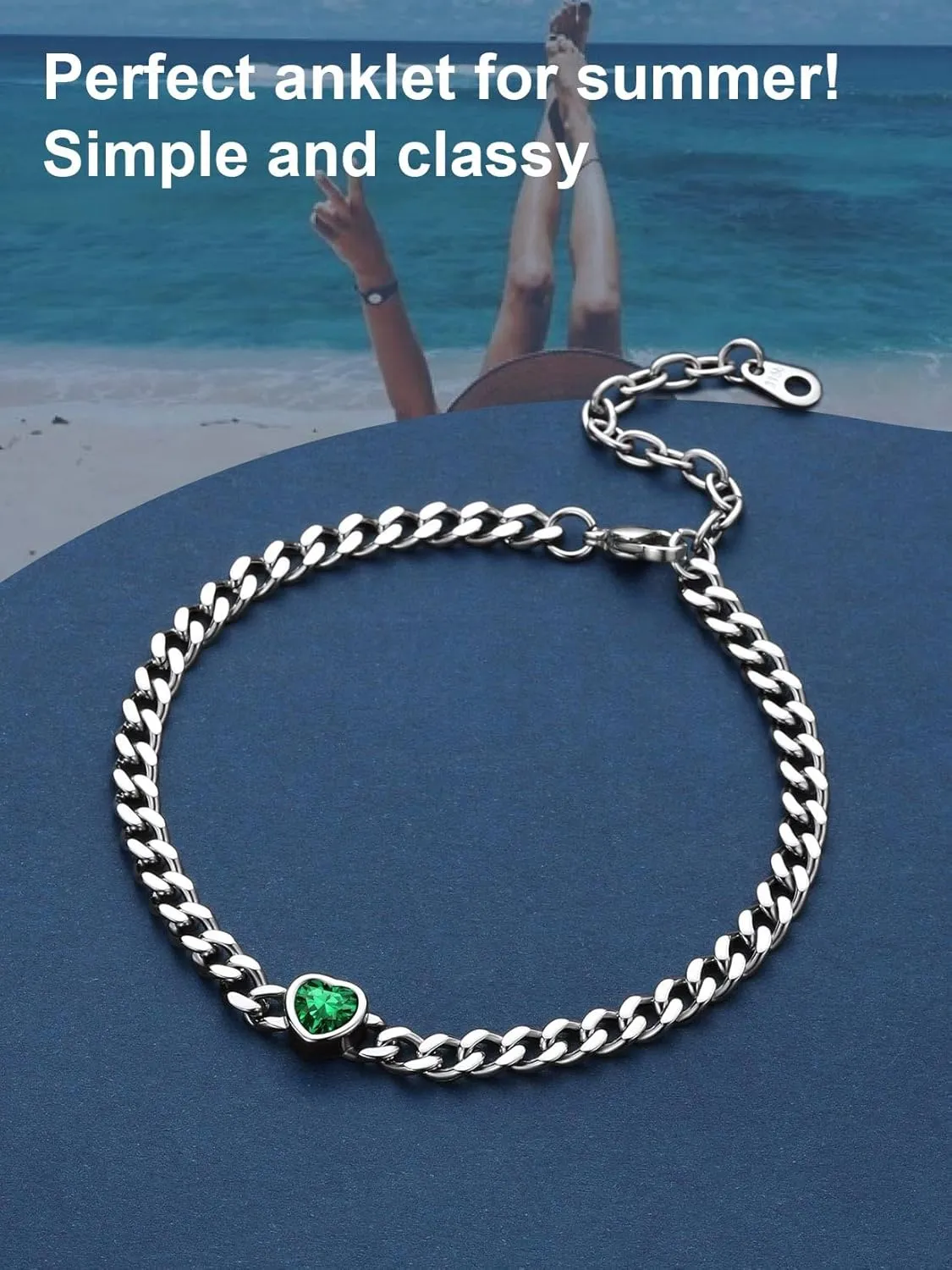 ChainsProMax Womens Anklets Heart Ankle Bracelets for Women Waterproof 5MM Cuban Link Anklets with Birthstone, Stainless Steel-Send Gift Box
