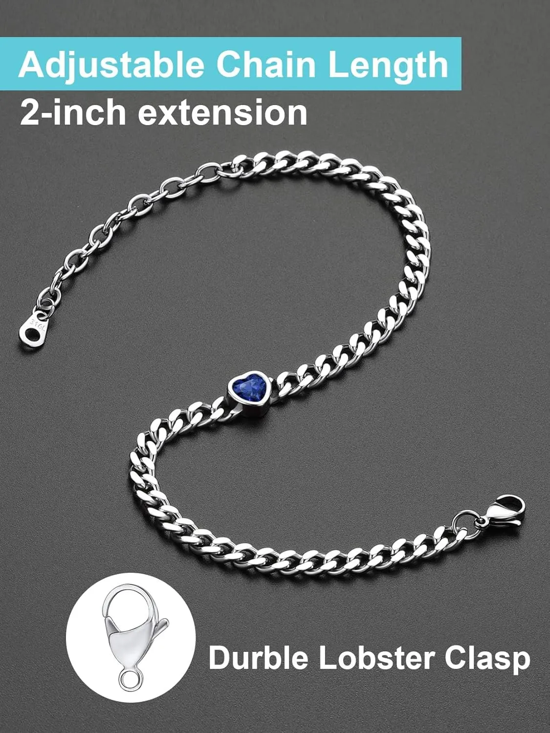 ChainsProMax Womens Anklets Heart Ankle Bracelets for Women Waterproof 5MM Cuban Link Anklets with Birthstone, Stainless Steel-Send Gift Box