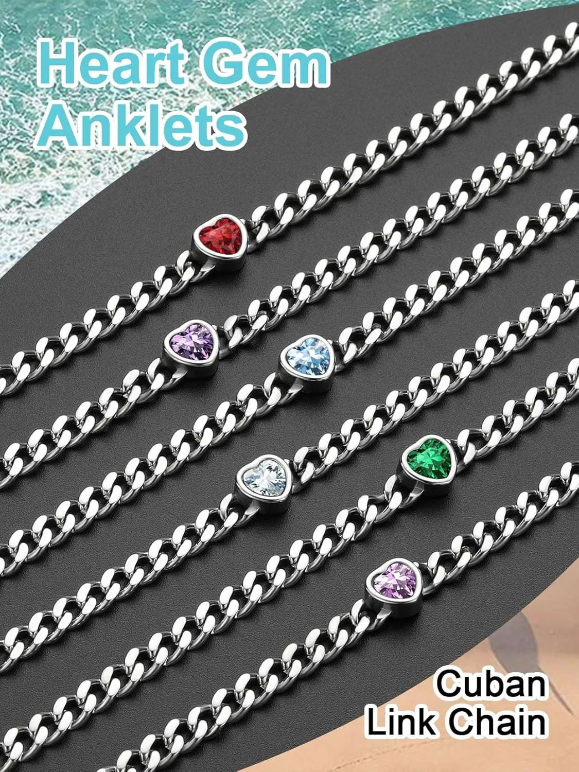 ChainsProMax Womens Anklets Heart Ankle Bracelets for Women Waterproof 5MM Cuban Link Anklets with Birthstone, Stainless Steel-Send Gift Box