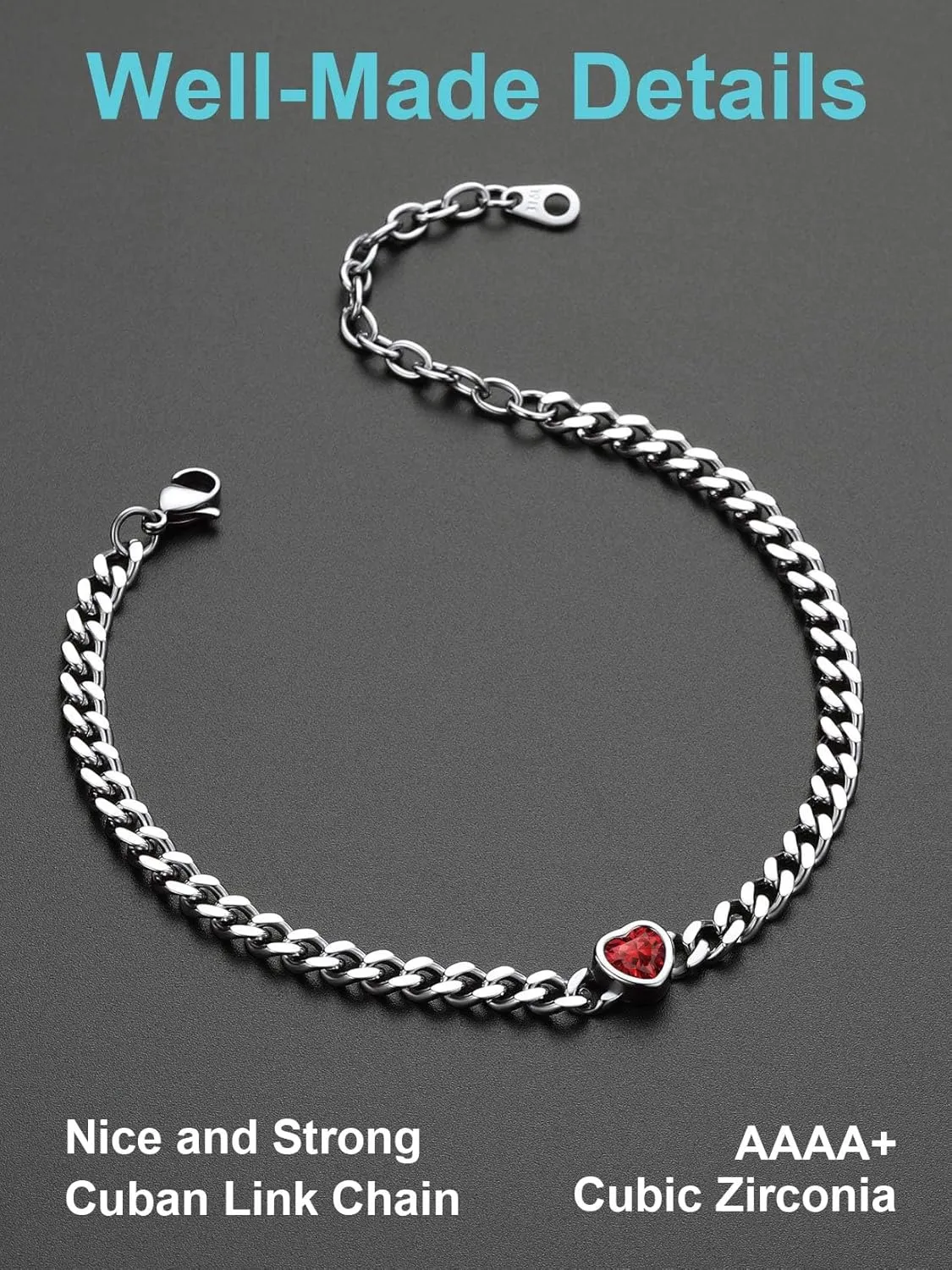 ChainsProMax Womens Anklets Heart Ankle Bracelets for Women Waterproof 5MM Cuban Link Anklets with Birthstone, Stainless Steel-Send Gift Box
